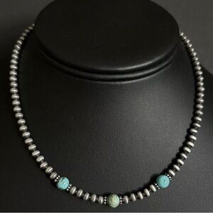 Sterling Silver 4mm Pearls with Round Turquoise Bead Necklace Choker. 14 inch